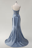 Sparkly Grey Blue Mermaid Spaghetti Straps Corset Appliqued Long Prom Dress with Slit