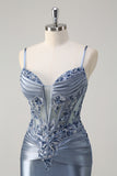 Sparkly Grey Blue Mermaid Spaghetti Straps Corset Appliqued Long Prom Dress with Slit