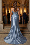 Grey Blue Mermaid Spaghetti Straps Corset Long Plus Size Prom Dress with Appliques