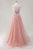 Sparkly Pink A-Line Strapless Flowers Corset Tulle Long Prom Dress with Slit