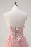 Sparkly Pink A-Line Strapless Flowers Corset Tulle Long Prom Dress with Slit