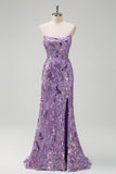 Sparkly Purple Mermaid Spaghetti Straps Sequin Prom Dress with Slit