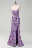 Sparkly Purple Mermaid Spaghetti Straps Sequin Prom Dress with Slit