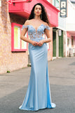 Sky Blue Mermaid Off The Shoulder Corset Floral Long Prom Dress with 3D Flowers