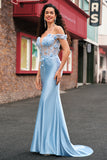 Sky Blue Off The Shoulder Mermaid Corset Floral Long Prom Dress with 3D Flowers