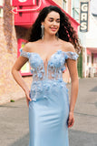 Sky Blue Off The Shoulder Mermaid Corset Floral Long Prom Dress with 3D Flowers