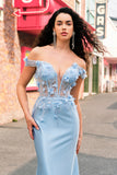 Sky Blue Off The Shoulder Mermaid Corset Floral Long Prom Dress with 3D Flowers