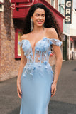 Sky Blue Off The Shoulder Mermaid Corset Floral Long Prom Dress with 3D Flowers