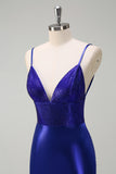 Royal Blue Mermaid V-Neck Beaded Satin Prom Dress With Open Back