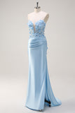 Sky Blue Mermaid Strapless Sequin Prom Dress With Appliques