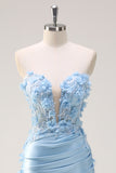 Sky Blue Mermaid Strapless Sequin Prom Dress With Appliques