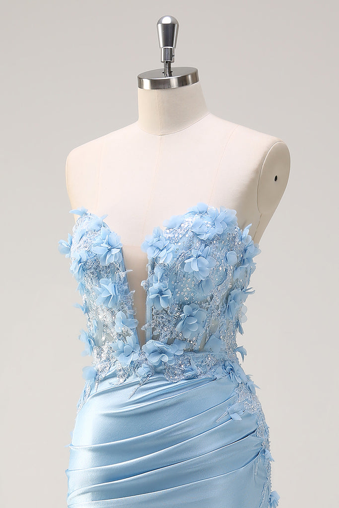 Two Piece Light Sky Blue Sleeveless Round Neck Flowers Appliques Prom Dress PL382