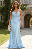 Strapless Mermaid Sky Blue Satin Plus Size Long Prom Dress with 3D Flowers