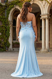 Strapless Mermaid Sky Blue Satin Plus Size Long Prom Dress with 3D Flowers