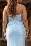 Strapless Mermaid Sky Blue Satin Plus Size Long Prom Dress with 3D Flowers