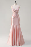 Sparkly Pink Mermaid Spaghetti Straps Corset Flowers Satin Long Prom Dress