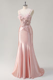 Sparkly Pink Mermaid Spaghetti Straps Corset Flowers Satin Long Prom Dress