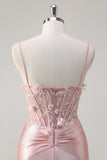 Sparkly Pink Mermaid Spaghetti Straps Corset Flowers Satin Long Prom Dress