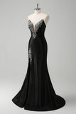 Black Mermaid V Neck Strapless Long Prom Dress with Beading