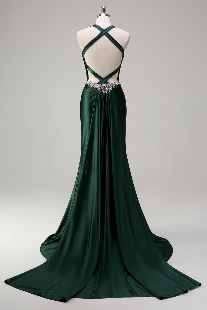 Zapaka Women Dark Green Prom Dress Mermaid Backless Halter Corset