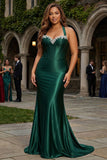 Dark Green Halter Mermaid Corset Satin Plus Size Prom Dress with Open Back
