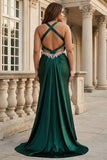 Dark Green Halter Mermaid Corset Satin Plus Size Prom Dress with Open Back