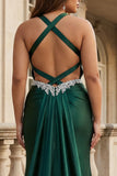 Dark Green Halter Mermaid Corset Satin Plus Size Prom Dress with Open Back