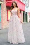 Pink A Line Spaghetti Straps Floral Beaded Prom Dress