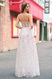 Pink A Line Spaghetti Straps Floral Beaded Prom Dress