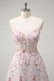 Pink A Line Spaghetti Straps Floral Beaded Prom Dress