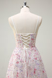 Pink A Line Spaghetti Straps Floral Beaded Prom Dress