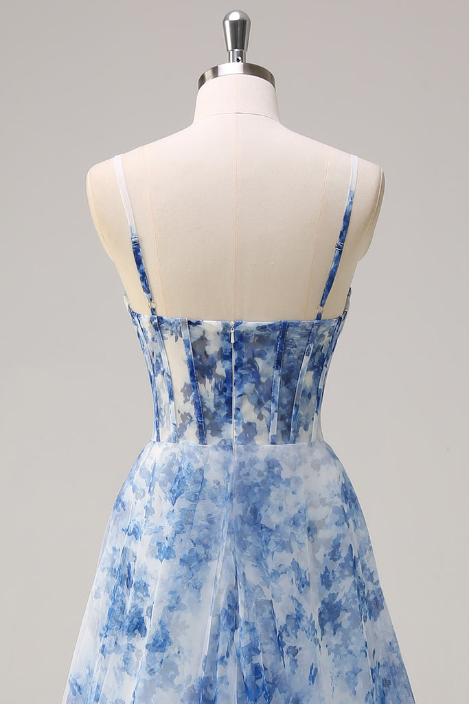 White Flower Blue Spaghetti Tube Dress main image 0