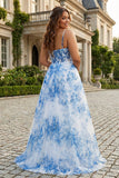 White Blue Flower Spaghetti Straps Corset Long Plus Size Prom Dress with Slit