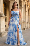 White Blue Flower Spaghetti Straps Corset Long Plus Size Prom Dress with Slit