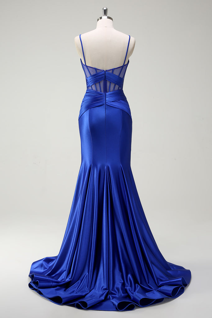 Satin Spaghetti Straps Royal Blue Prom Dress with Corset