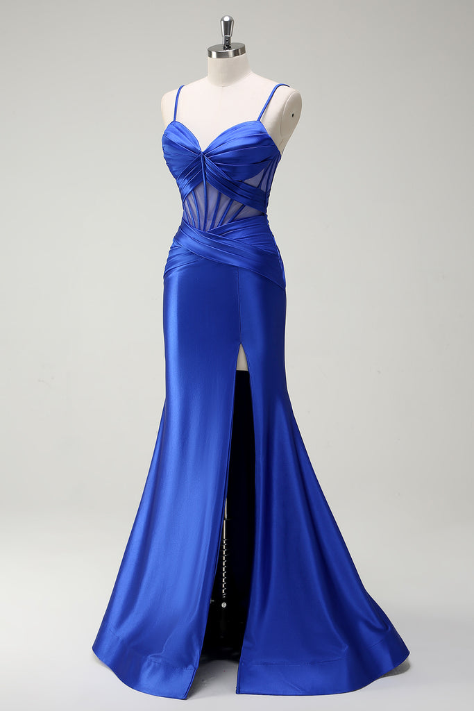 Sexy Simple Long Royal Blue Strapless Satin Prom Dress With Slit main image 1