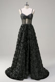 Elegant Black A Line 3D Floral Ball Gown with Sheer Corset