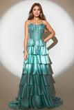 Tiered Ruffles Peacock Green Strapless Long Prom Dress with Beading