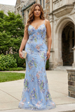 Sequins Mermaid Spaghetti Straps Black Prom Dress with Appliques