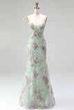 Sparkly Light Green Mermaid Spaghetti Straps Sequins Long Prom Dress with Appliques