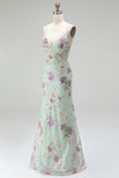 Sparkly Light Green Mermaid Spaghetti Straps Sequins Long Prom Dress with Appliques