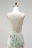 Sparkly Light Green Mermaid Spaghetti Straps Sequins Long Prom Dress with Appliques