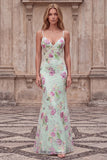 Sparkly Light Green Mermaid Spaghetti Straps Sequins Long Prom Dress with Appliques