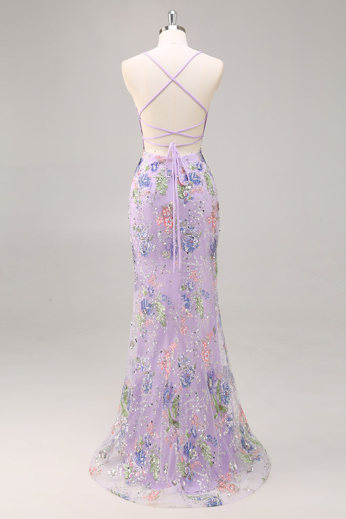 Sparkly Purple Mermaid Corset Sequins Long Ball Dress with Lace Appliques main image 1