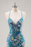 Peacock Mermaid Spaghetti Straps Sequins Long Prom Dress with Appliques