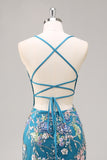 Peacock Mermaid Spaghetti Straps Sequins Long Prom Dress with Appliques