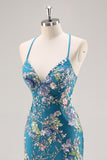 Peacock Mermaid Spaghetti Straps Sequins Long Prom Dress with Appliques