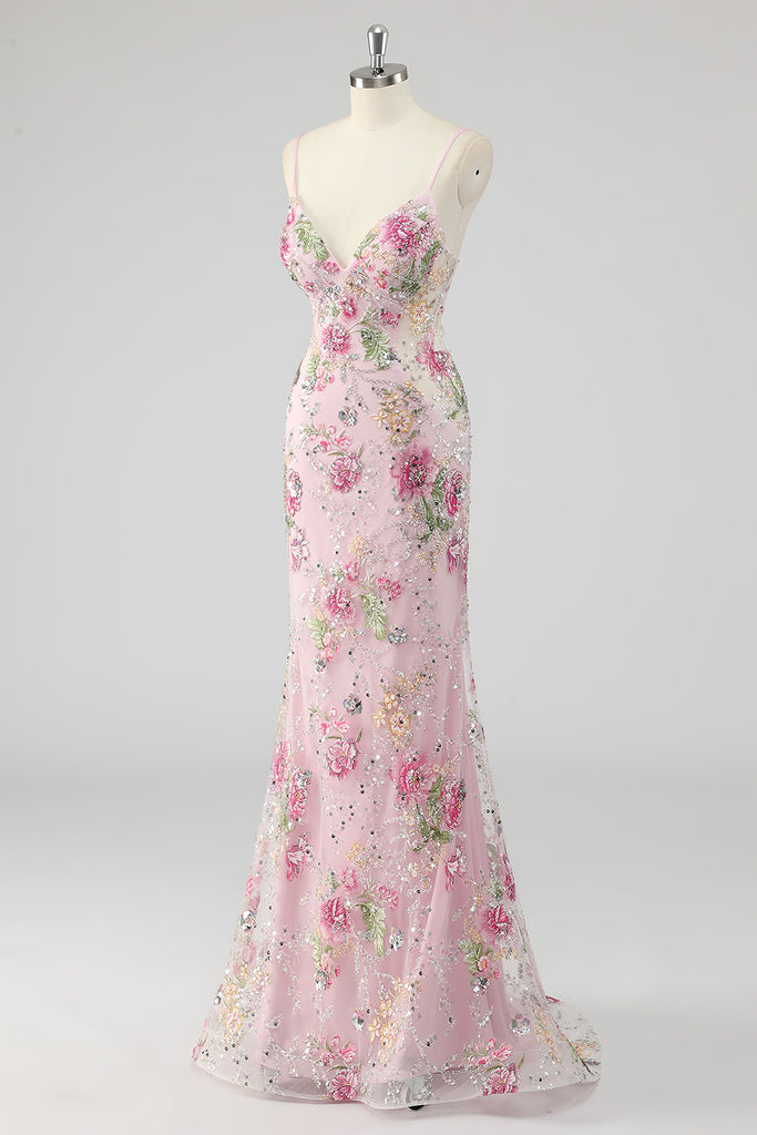 Loula | Pink Spaghetti Straps Satin Mermaid Long Prom Dress With Split