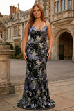 Sequins Mermaid Spaghetti Straps Black Prom Dress with Appliques