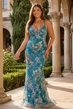 Pink Mermaid Spaghetti Straps Sequins Long Prom Dress with Appliques